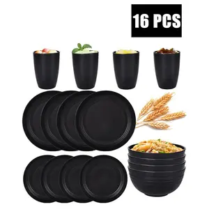 Wheat Straw Dinnerware Set 16-Piece Reusable Durable Shatterproof Black Plastic Plates Bowls Cups Cutlery Microwave Dishwasher Safe for Picnics Parties Camping Family Meals Tableware Matte Stoneware Regal White Ceramic Dinnerware Set lightweight