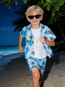 Boys' Outdoor Casual Summer Beach Ready Floral Pattern Short Sleeves Shirt Vintage Cool Style Shirt with Matching Shorts Set, Stylish Boys' Clothing for Summer