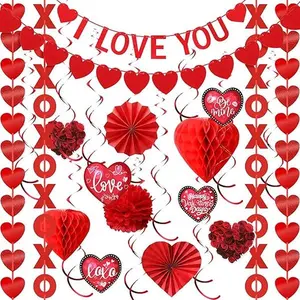 30 PCValentine's Day Decoration Kit I Love You Red Heart Garland Banner Heart Swirls Tissue Paper Fan Pom Hanging Decor for Home Hotel Engagement Wedding Valentines Party Supplies Set