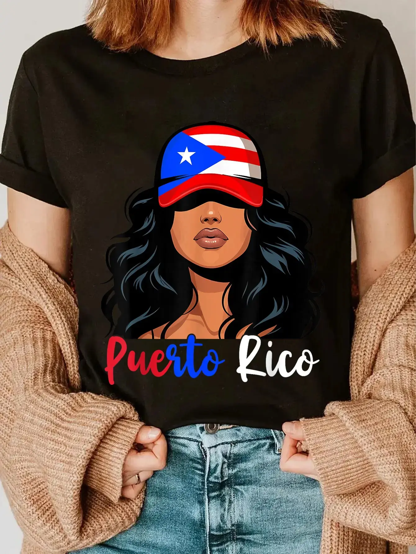 Women's Round Neck Short Sleeve Graphic Print Boricua Lady T-Shirt - Soft Fabric, Casual Puerto Rico Flag Top, Machine-Washable Everyday Wear