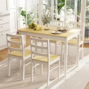Tangkula Dining Table Set for 4, Solid Wood, Farmhouse Dinette Set w/Rubber Wood Legs, Modern Dining Table and Chairs Set for Kitchen, Dining Room (Natural+White)