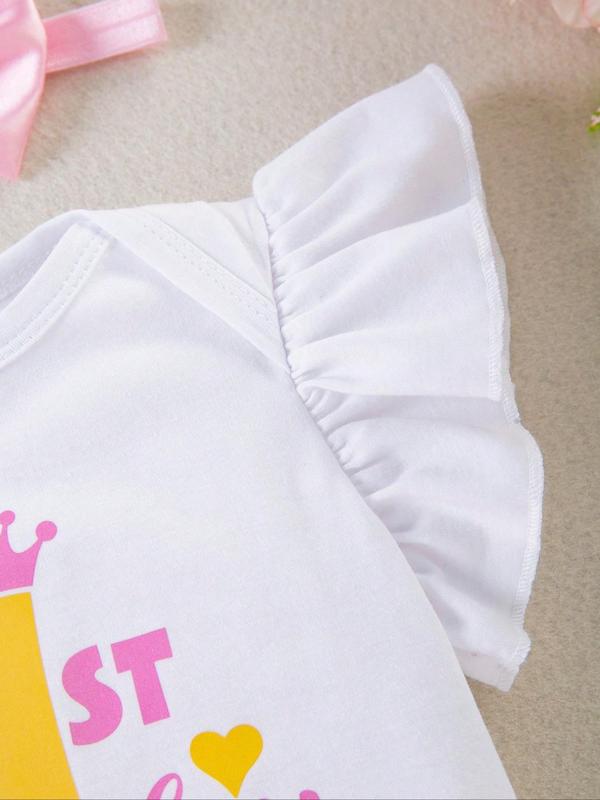 Three-Piece Set Baby Girl's Letter Print Tee & Colorblock Tiered Layer Skirt & Bow Decor Hair Band Set, Cute Butterfly Sleeve Round Neck Top & Tutu Skirt & Hair Band, Infant Toddler Kids Birthday Party Outfits