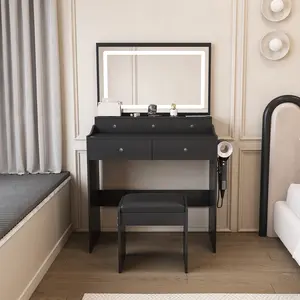 Elegant Black Vanity Table Set with Integrated Mirror, Multiple Drawers & Matching Stool: A Sophisticated Makeup Station for Glamorous Bedrooms, Blending Classic Design with Functional Storage for Beauty Essentials