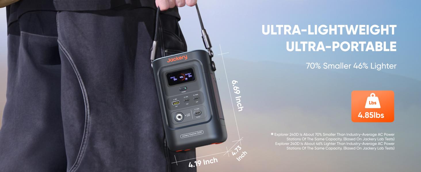 Jackery Explorer 240D Power Bank with Adjustable Strap, 255Wh LiFePO4 Battery Portable Power Station, 200W Pure DC Output, 3×USB-C & 1×USB-A Ports, 2-in-1 USB-C Strap Cable, Fast Charging for Outdoor, Travel & Emergencies