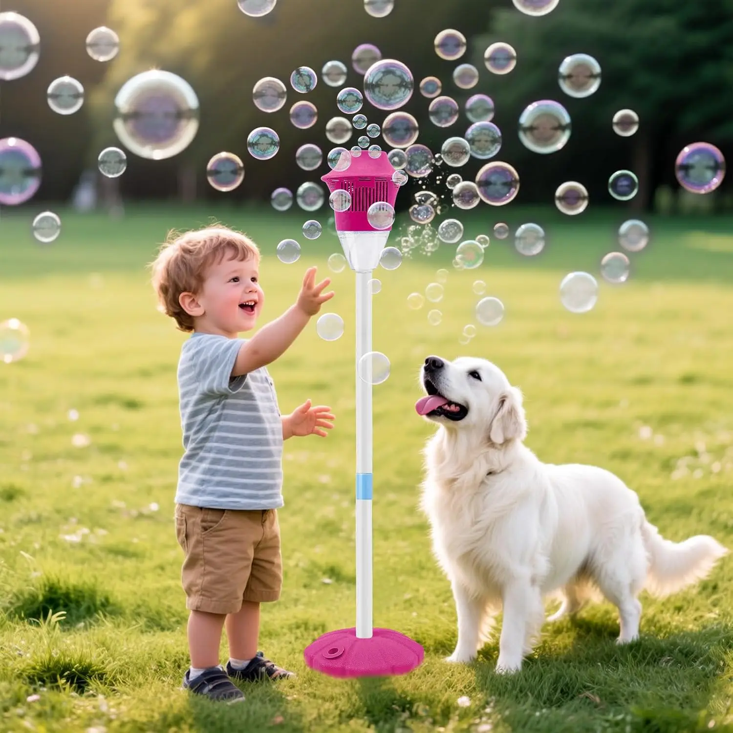 Bubble Machine for Kids, Automatic Standing Bubble Maker Machine Height Adjustable Up to 47 Inches Outdoor Battery Bubble Machine with Light/Music for Toddlers Birthday Party Gifts(Blue,Red)