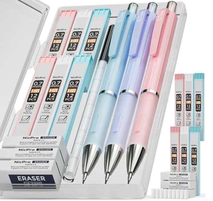 Nicpro 3PCS Cute Mechanical Pencil Set with Case, 0.7 mm Pencils