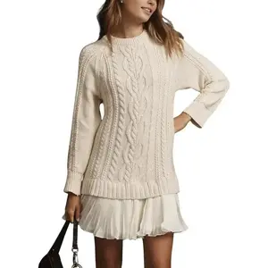 Women Cable Knit Sweater Dress Crewneck Long Sleeve Pleated Mini Dress Twofer Style Patchwork Dress