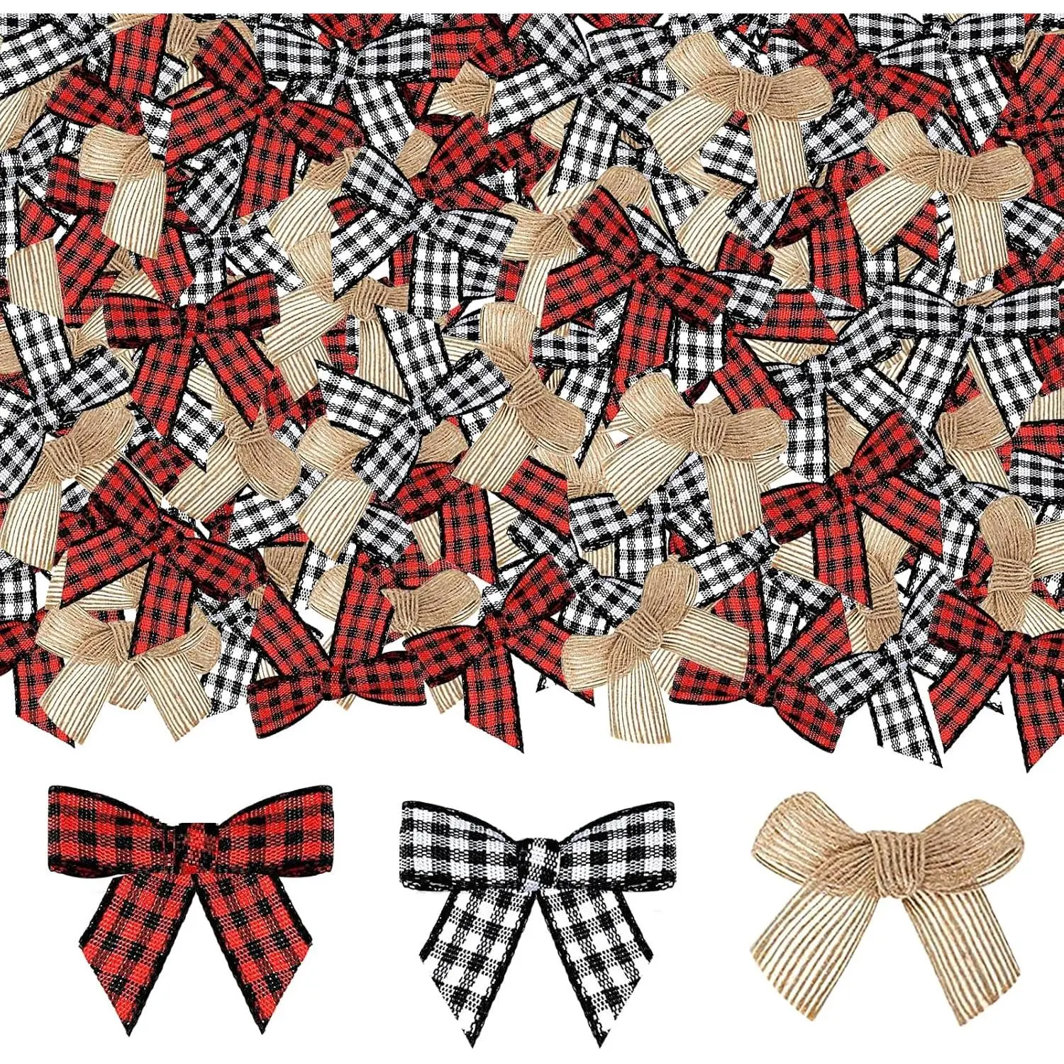 120 count Christmas Mini Burlap Bow Buffalo Plaid Bows for Craft, Red and Black Checkered Gingham Ribbon Farmhouse  Decoration for Christmas Tree  Decorations