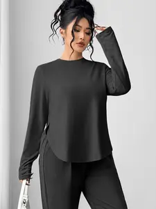 Women's Plus Size Spring Autumn Loose Comfortable Side Slit Elastic Long Sleeve Casual Sports Top, Cx019plus, Athletic Sports Clothing, Athletic Style Fitted Design Activewear, Workout Sportswear