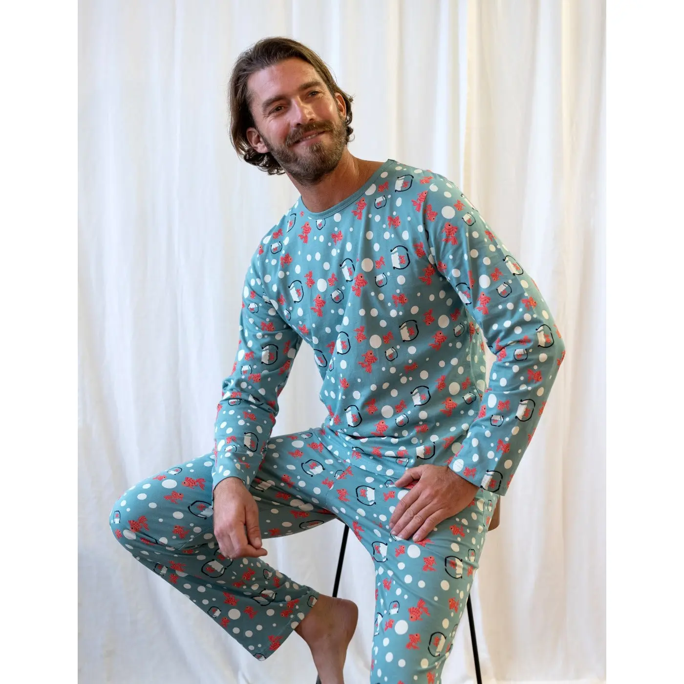 Mens 2pc Cotton Loose Fit Teal Fish Bowl Pajamas