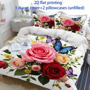 3-piece butterfly rose print duvet set (1 * duvet cover+2 * pillowcase, no duvet, polyester fiber material) Soft Bedding Sets Decorative Bedding Set