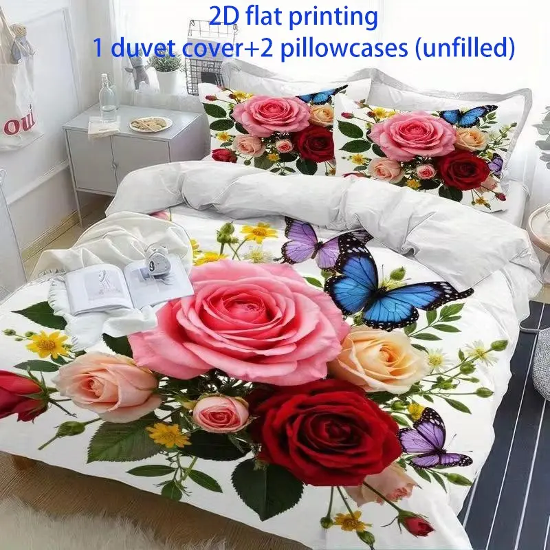 3-piece butterfly rose print duvet set (1 * duvet cover+2 * pillowcase, no duvet, polyester fiber material) Soft Bedding Sets Decorative Bedding Set Printed Bedding Set