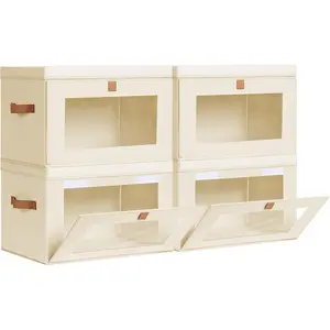 Collapsible Storage Bins - Large Closet Organizer with Handles & Window, Decorative Storage Boxes, Fabric Containers for Living Room, Dorm, 4 Pack, Beige