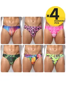 Random color combination: 2pcs、3pcs、4pcs Printed triangle swimming trunks, stylish underwear, cartoon comic style youth men's underwear, low-waist student stretchable soft-fiber underwear, men's creative comfortable triangle underwear, bikini swimming
