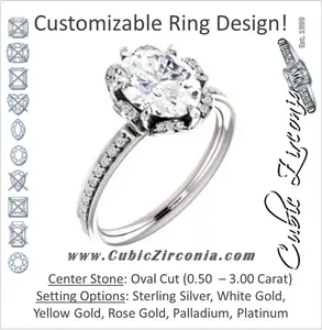 Cubic Zirconia Engagement Ring- The Rosie (Customizable Oval Cut Style with Floral-Inspired Halo and Extra-Thin Pavé Band)