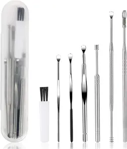 Free Ship 7 Pcs Ear Pick Earwax Removal Kit Ear Cleansing Tool Set, Ear Curette Ear Wax Remover Tool with Cleaning Brush and Storage Box, Sliver
