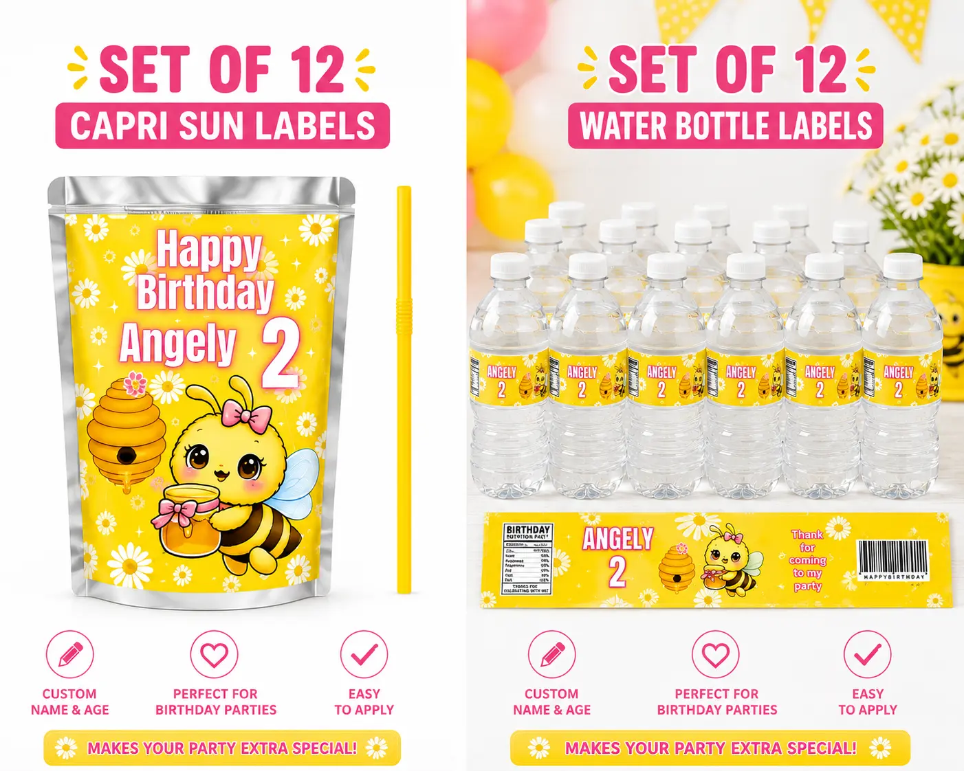 Personalized Bee Birthday Drink Label Set – 12 Capri Sun Labels + 12 Water Bottle Labels – Custom Name & Age