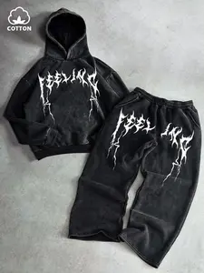 Men's Street Style Streetwear American Cool Cartoon Graphic Long Sleeves Hoodie Set, Comfortable Sweatpants, Vintage Snowflake Craft, Fall Winter Outdoors