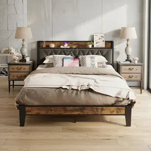 Modern Platform Bed Frame With Storage Headboard And Built-in Outlets, Twin Full Queen King Size, Sturdy No Noise Mattress Foundation, No Box Spring Needed, Vintage Brown And Gray For Bedroom Home Decor