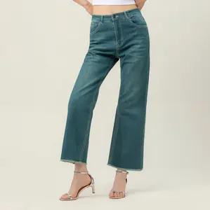 MIDIROSS Washed Raw Hem Mid Waist Straight Leg Stretch Jeans for Women Casual Fit Denim Pants with Button Zipper & Pockets