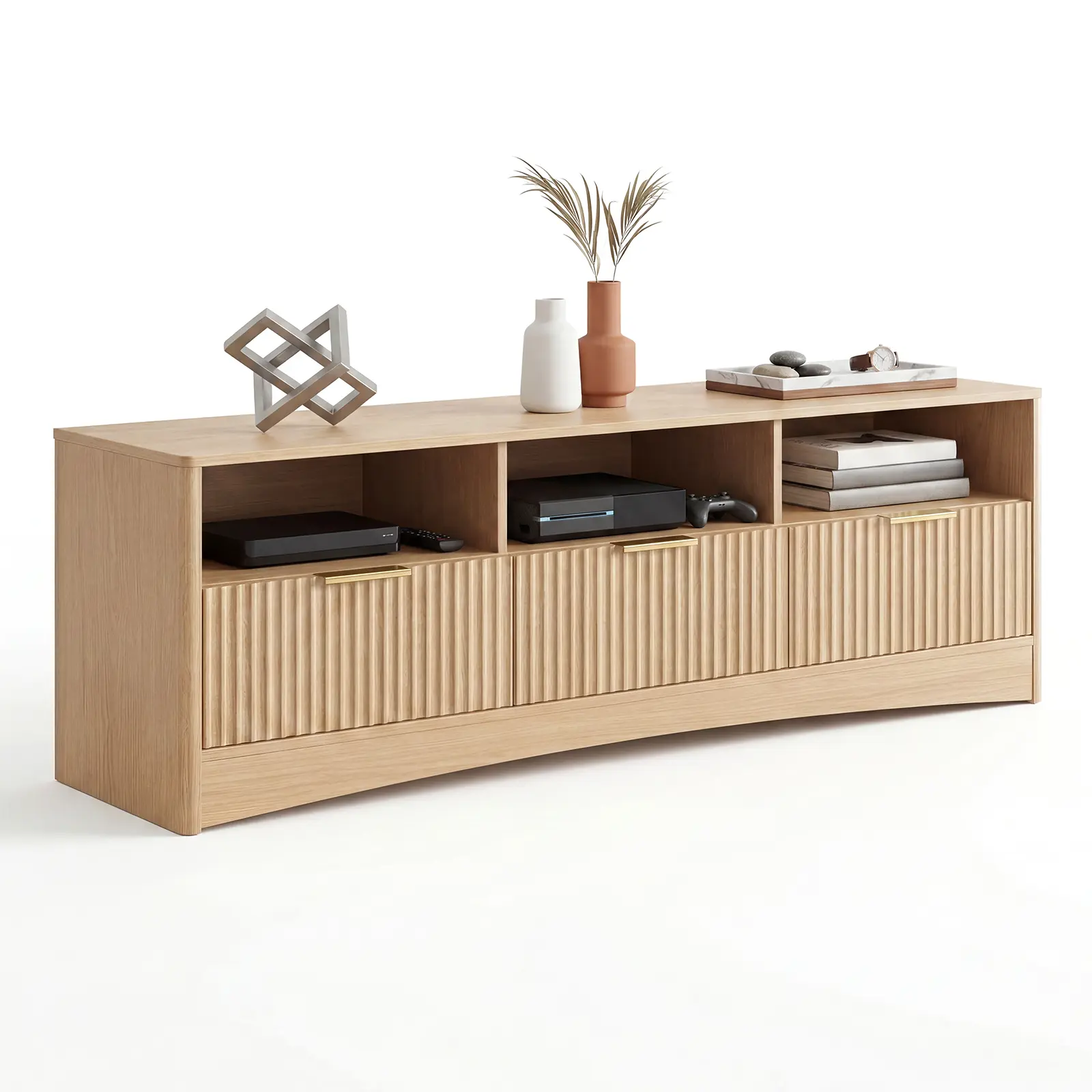 59" Wide TV Stand, Modern Fluted Entertainment Center for TVs Up to 65", with 3 Open Shelves,Storage Drawers, Wood TV Console Media Console for Living Room, Bedroom, Natural Oak