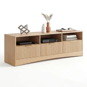 59" Wide TV Stand, Modern Fluted Entertainment Center for TVs Up to 65", with 3 Open Shelves,Storage Drawers, Wood TV Console Media Console for Living Room, Bedroom, Natural Oak