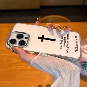 Phone case with elegant and simple Christian cross design, for iPhone 17 16 15 14 13 12 11 PRO MAX PLUS AIR and Mini 16E AIR XR XS MAX Series, with soft transparent background and metallic silver lens frame.