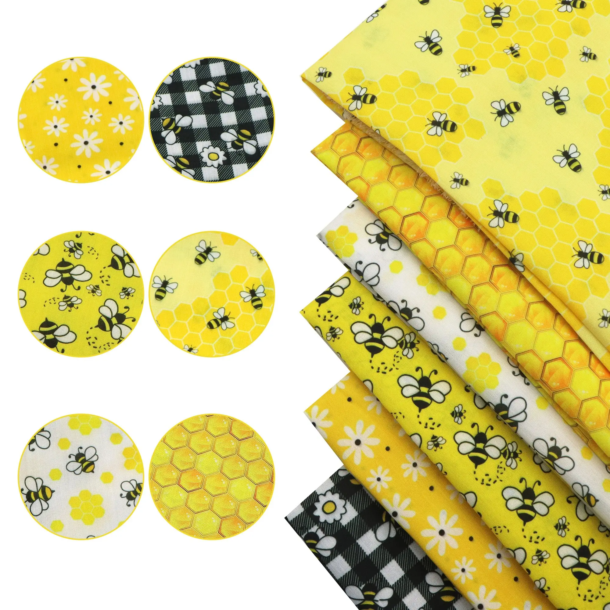 100% Polyester Quilting Fabric Assorted Bundles 6pcs Fat Quarters 7.8”x7.8”-Bees Flowers Hexagon Spring Pattern- for Beginner Craftsmen, Quilting & Sewing Project, Patchwork, Home Textile Decor, Diy Crafts, Gifts Ideas