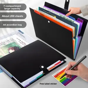 A4 Size 7 Grid Accordion File Folder PP Waterproof Snap Button Colored Student Test Paper Storage Office Document Bag