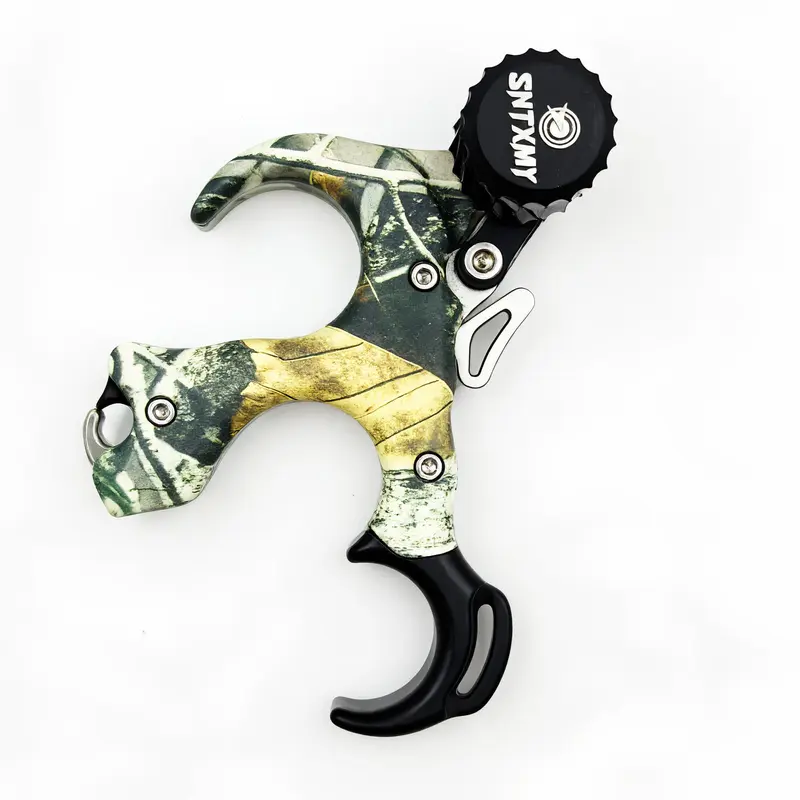 Archery Compound Bow Thumb Trigger Release Aid with Wrist Straps - Camo Aluminum Alloy Build, 3/4 Fingers, Ergonomic, Durable, Accurate Shots, Left/Right Hand Adjustable, Unisex Hunting Release Aids for Most Hand Sizes