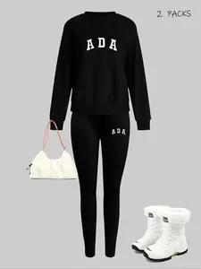 Women's Spring Fall New 2-Piece Set, Round Neck Long Sleeve Sweatshirt, Ribbed Cuff with Ada Letter Pattern, Comfortable Yoga Pants, Tracksuit Set