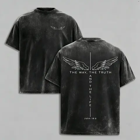 Men's Cotton Round Neck Oversized Short-Sleeve Vintage Pre-Washed Graphic Top - Christian Front Wing Print, Minimalist Design, Back Large John 14:6 Scripture Quote "The Way, The Truth And The Life", Everyday Wear