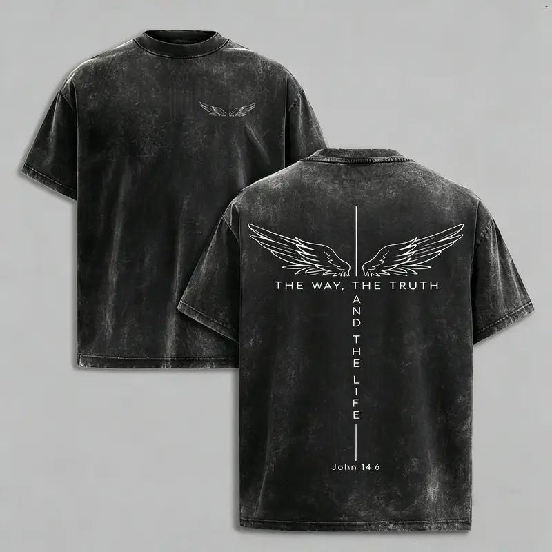 Men's Cotton Round Neck Oversized Short-Sleeve Vintage Pre-Washed Graphic Top - Christian Front Wing Print, Minimalist Design, Back Large John 14:6 Scripture Quote "The Way, The Truth And The Life", Everyday Wear