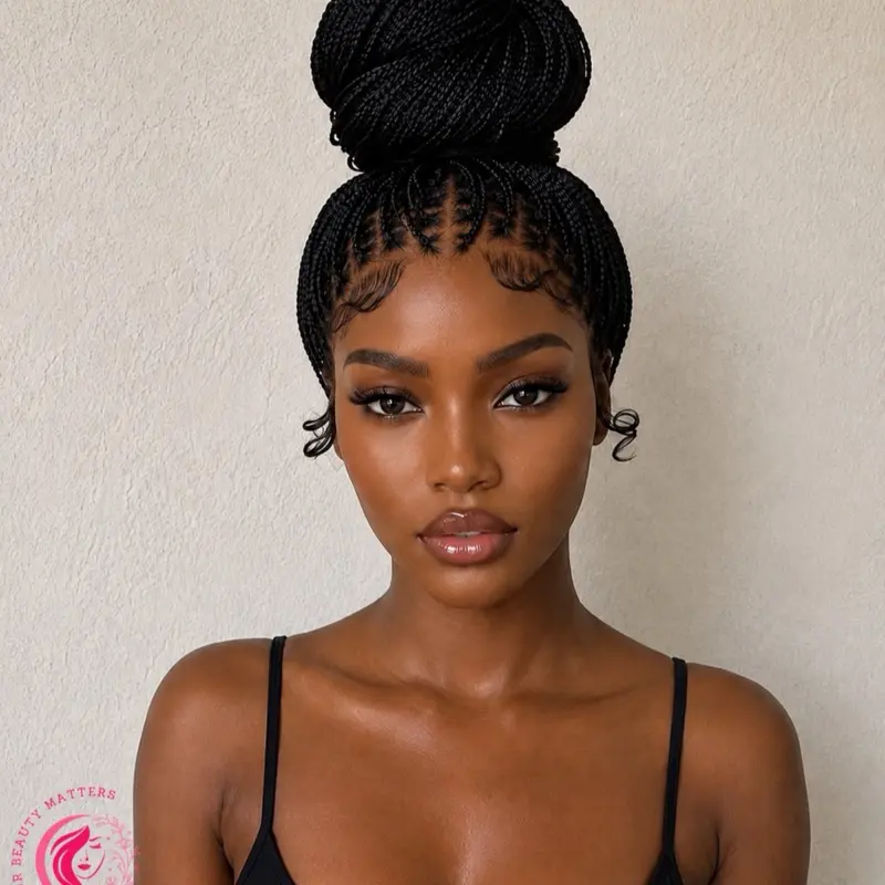 Luxury Full Lace Small Knotless Braided Wig - Made with Full Lace Human Hair, Black with Baby Hair, Bun Style for Daily Wear