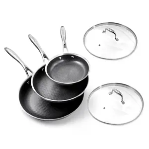 DELUXE Hybrid Nonstick 5-Piece Fry Pan Set, 8, 10, 12 Inch Frying Pans with Tempered Glass Lids, Ceramic Coating stainless steel cookware