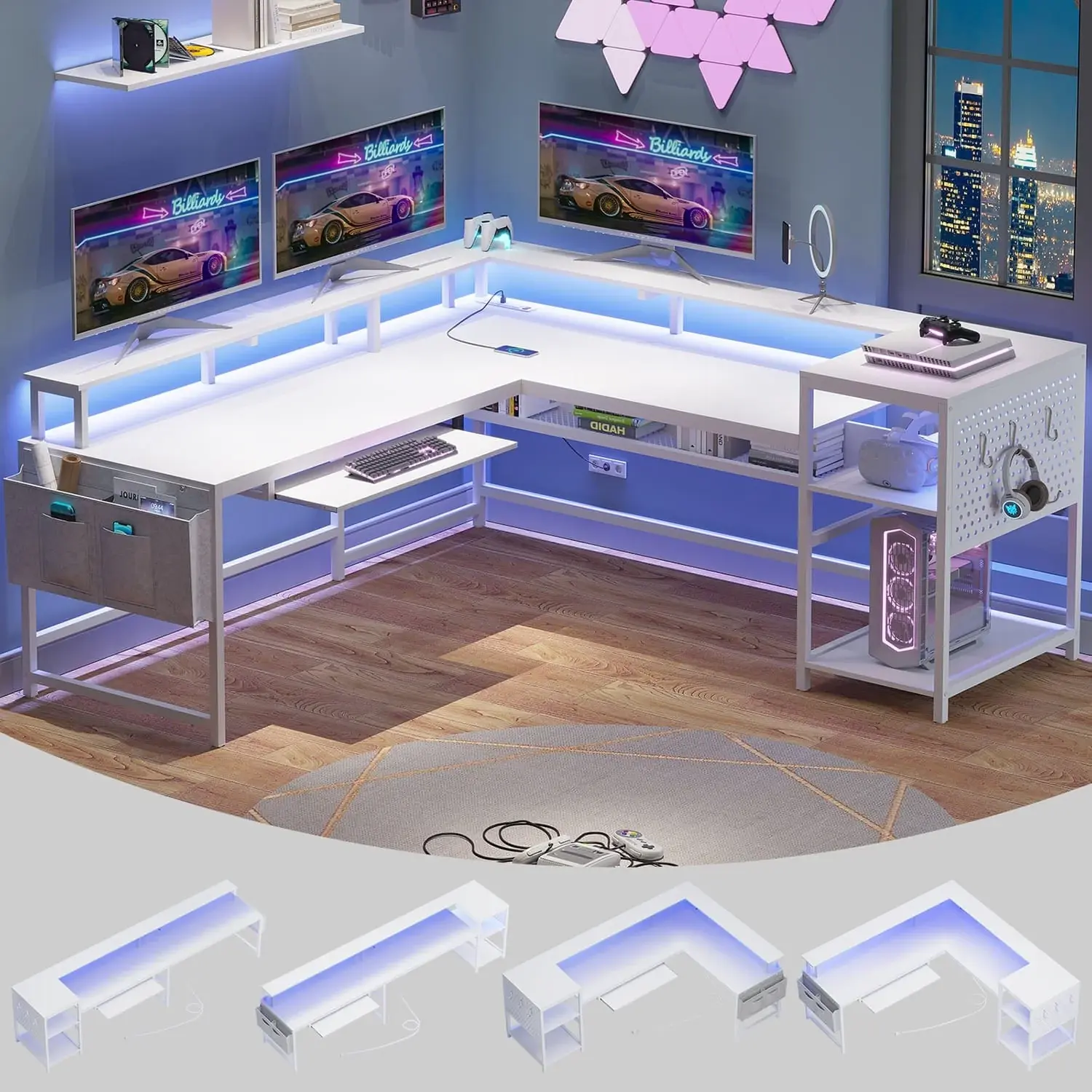 SIKAIC 96-Inch Modern L-Shaped Modular Reversible LED Gaming PC Table - White Commercial Convertible Office Desk for Adults, Computer Laptop Desk with Built-In LED Lights for Content Creation