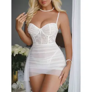 RRJ Crystal Vow 2pcs Set Wedding Lace Splicing Sexy Lingerie Nightgown Babydoll Bridal Lingerie lingerie women