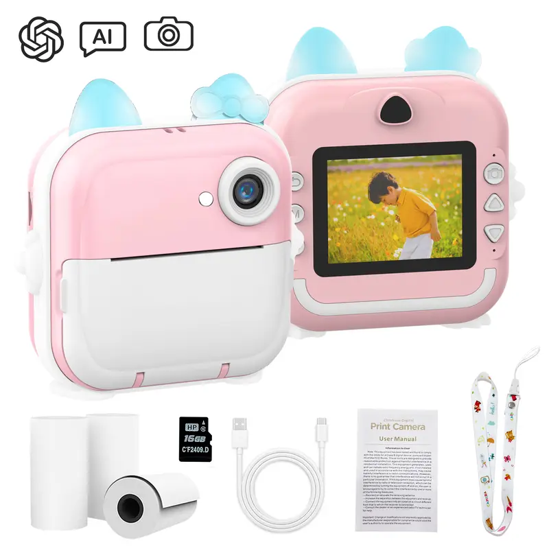 Smart Digital Selfie Instant Print Camera, Shoot Camera, Built-in AI Chip, One-Click Object Recognition, Photo Editing, Art Style & Filter Switching, Voice Companion, APP Connection (16G Memory Card Included)