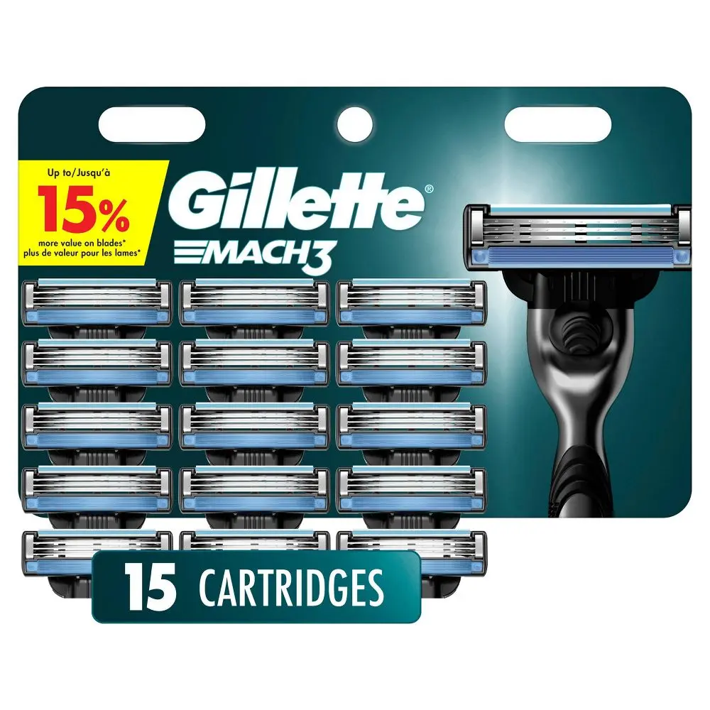Gillette Mach3 Men's Razor Replacement Blades with Lubrication Strip for a Smooth Shave, 3 Stronger-Than-Steel Blades, 15 Count, Soft Microfins, Reduces Redness, Unscented, Long-Lasting, Replacement Blade Set, Smoothing