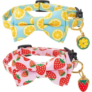 Breakaway Cat Collar with Cute Bow Tie Bell 2Pack Lemon Strawberry Summer Collars for Male Female Soft Cotton Kitty Kitten Collar Cute Cat Collars Ideal for Girl Cats Boy Male Cats cat  collar  girl
