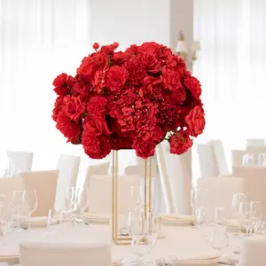 Pre-Arranged Silk Floral Centerpiece in Red, 22" Artificial Rose, Hydrangea & Chrysanthemum Flower Ball Bouquet for Event, Wedding