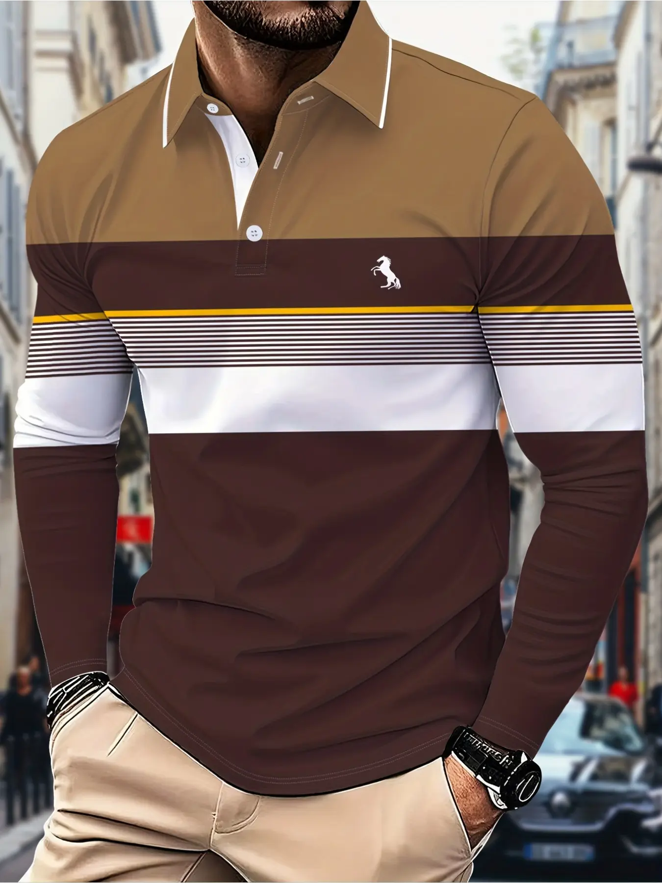 Men'S Long-Sleeve Classic Polo Shirt with a Casual Color-Block Theme And 3D Digital Printing, Featuring Everyday Striped Patterns, Suitable for All Adult Men And Teenage Boys.