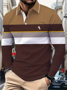 Men'S Long-Sleeve Polo Shirt with a Color-Block Theme And 3D Digital Printing, Featuring Everyday Striped Patterns, Suitable for All Adult Men And Teenage Boys.