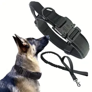 Tactical K9 Collar & Leash 2-Piece Set, Heavy Duty Nylon Adjustable Military Collar with Metal Buckle, Breathable Mesh & Control Handle for Large Medium Dog Training Walks