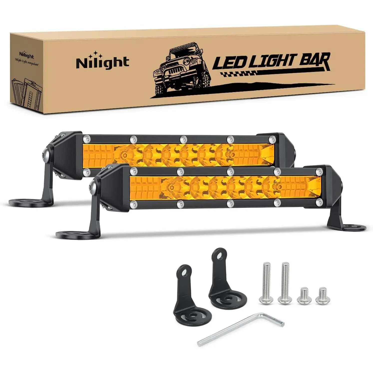 Nilight Slim Aluminum LED Light Bars - 2Pcs 7-in 16 LED Chips 48W Single Row Spot-Flood Combo Amber Waterproof Off-Road Lights, 12V-24V Bolt-On for Vehicle Exterior, ATV, Front Bumper, Dirt Bike, Motorcycle, UTV, Rear Bumper, Long Lifespan