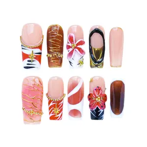 [10pce]3D Reusable Handmade Press-On Nails - Acrylic Almond Shape, Square, stilettos,nail drillNatural Finish, Durable & Elegant Design (2025 Edition), Ideal for Everyday Office Wear