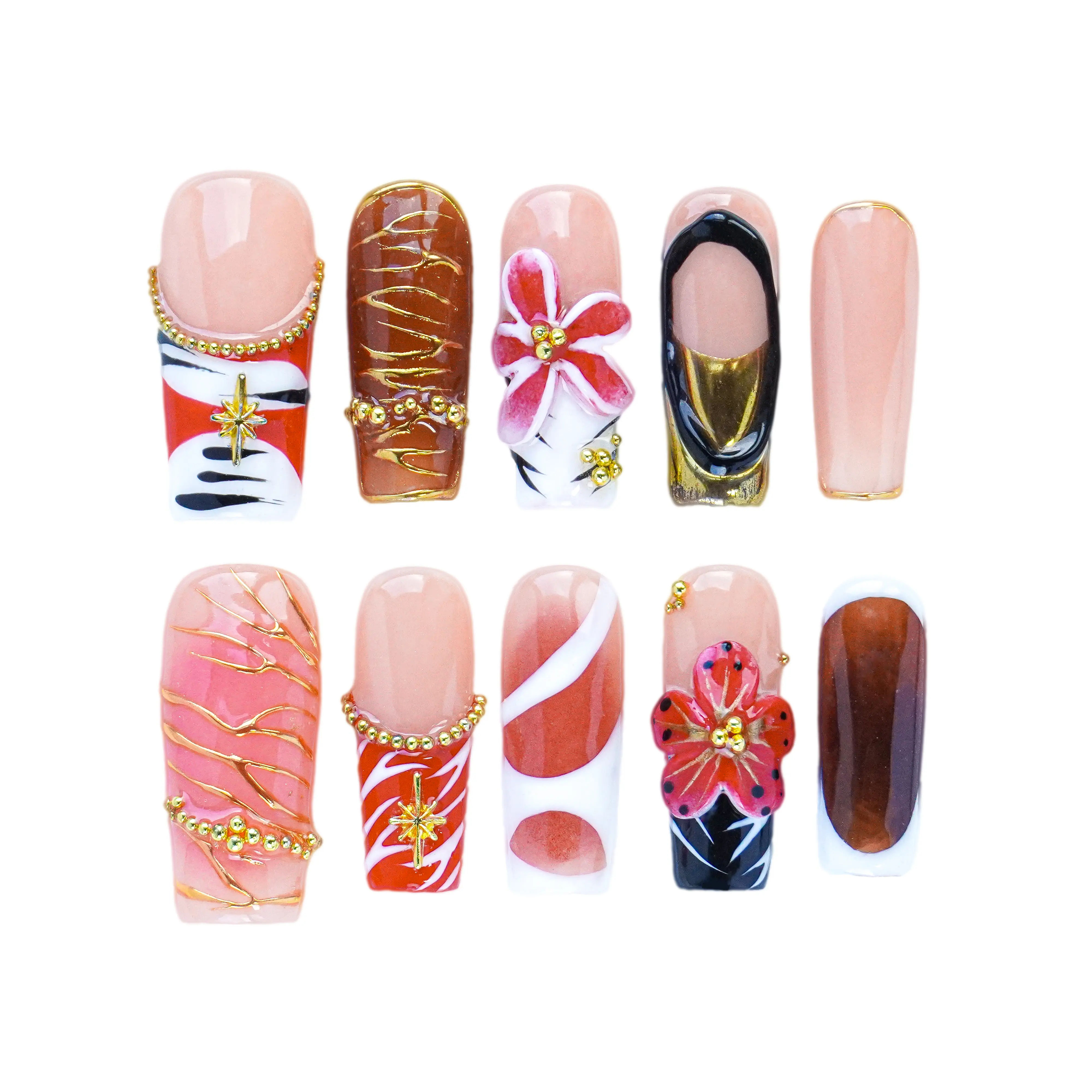 [10pce]3D Reusable Handmade Press-On Nails - Acrylic Almond Shape, Square, stilettos,nail drillNatural Finish, Durable & Elegant Design (2026Edition), Ideal for Everyday Office Wear