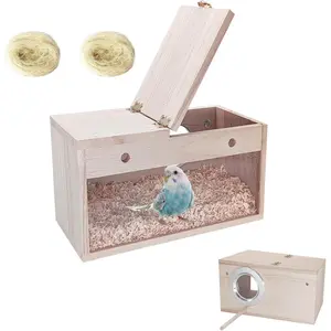Transparent Parakeet Nesting Box, Wood Bird Breeding Box with Perch, Bird Cage House for Cockatiel Lovebirds Budgie Canary Finch(S)