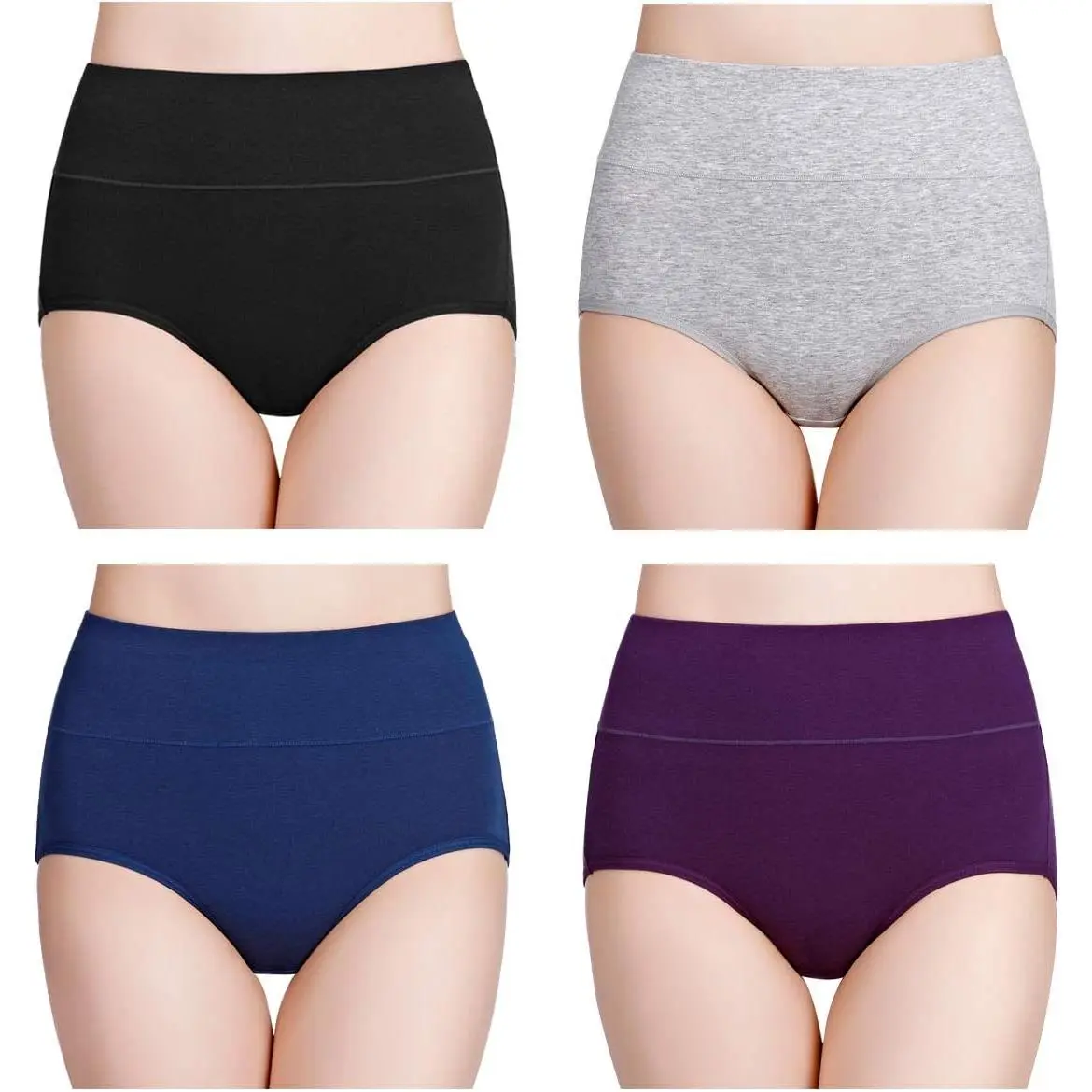Women's Cotton Soft Stretch High-Waisted Panties - Full Coverage, Postpartum Tummy Slimming, Double-Layer Covered Waistband, Easy On/Off, 4-Pack (Regular & Plus Size)