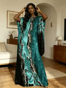 Boho Style Long Robe Set with Scarf, Women's Peacock Blue Marble Print, Loose-Fit, All-Over Print, Artistic Luxury Resort Wear, Two-Piece, Casual Wear